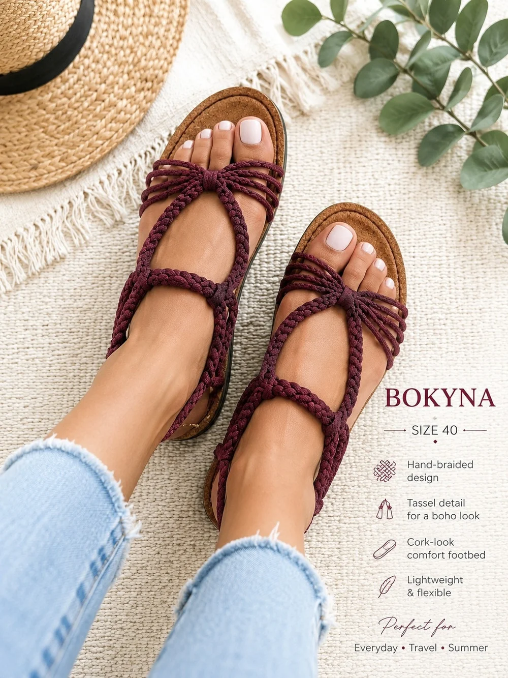 Bokyna Braided Tassel Sand Sandals in Burgundy In Size 40 (Size 9-9.5)